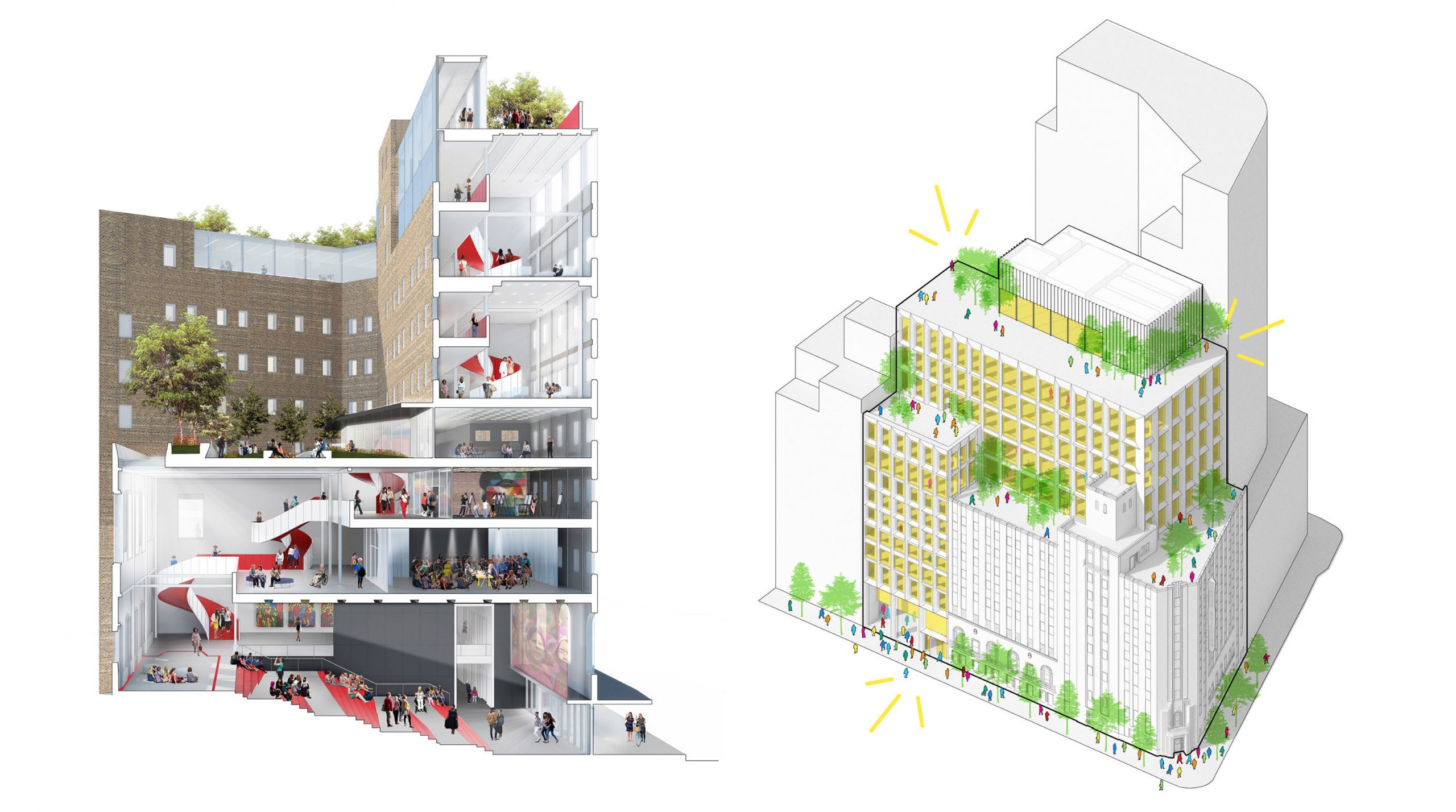 Conceptual section drawing and overhead axonometric drawing of The Women's Building.