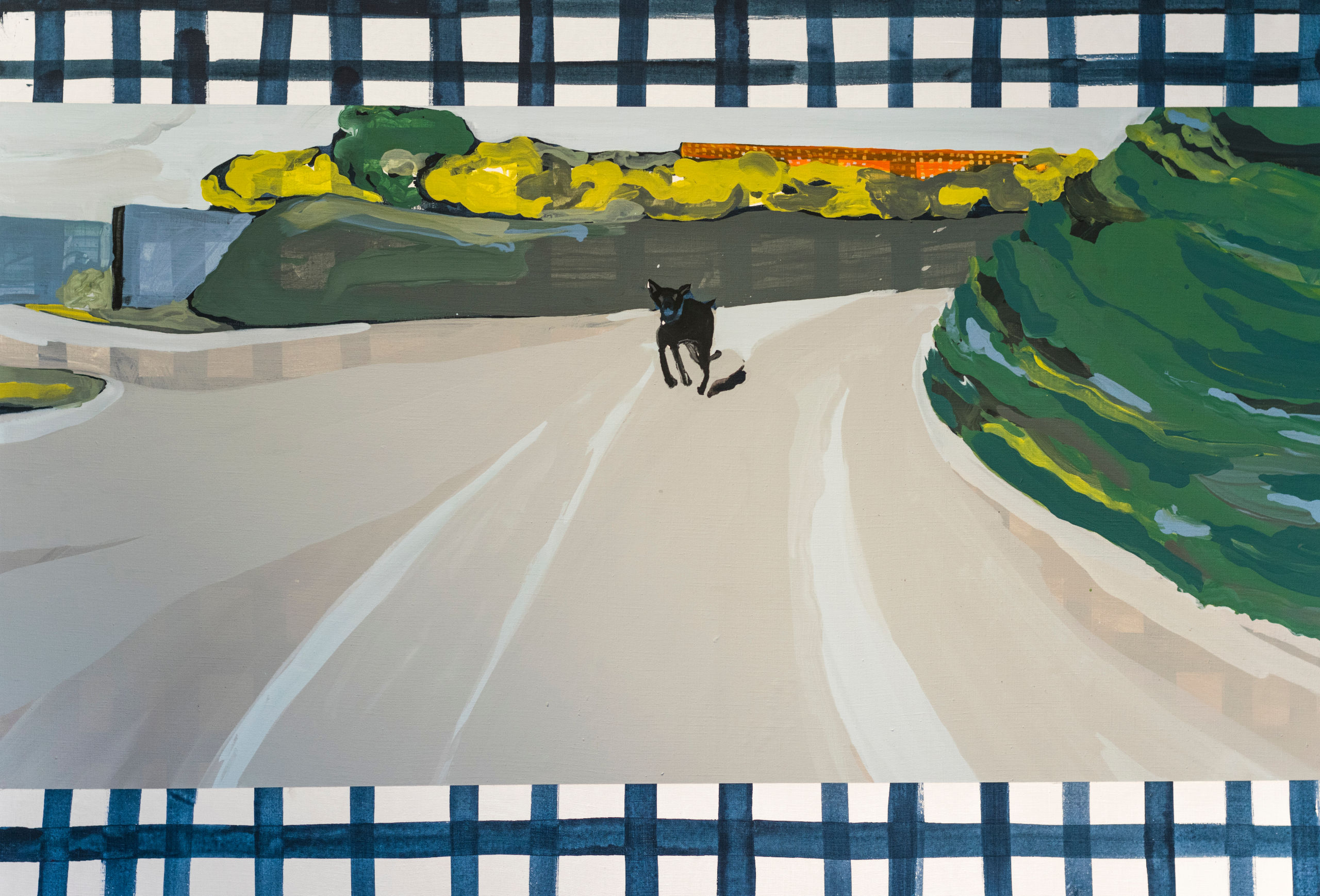 Painting of dog running down road with green vegetation on either side.