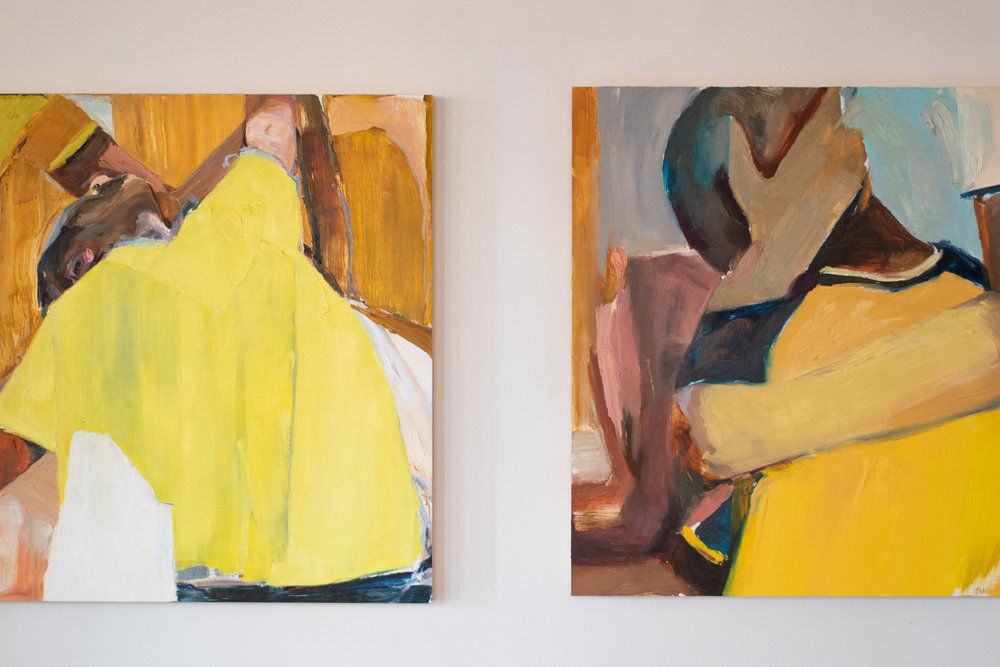 Abstract figure paintings in multiple colors.