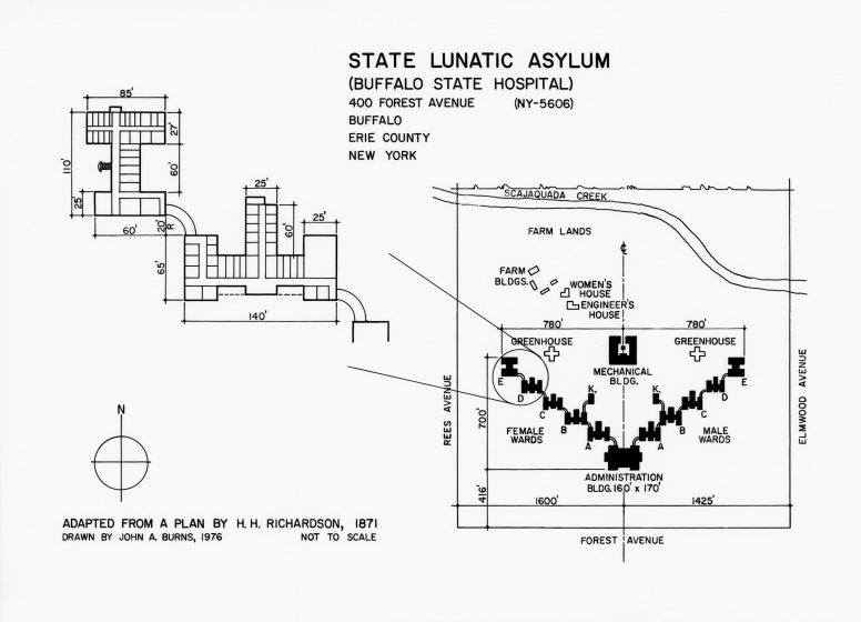 Diagrammatic plan of Buffalo State Hospital layout, illustration.