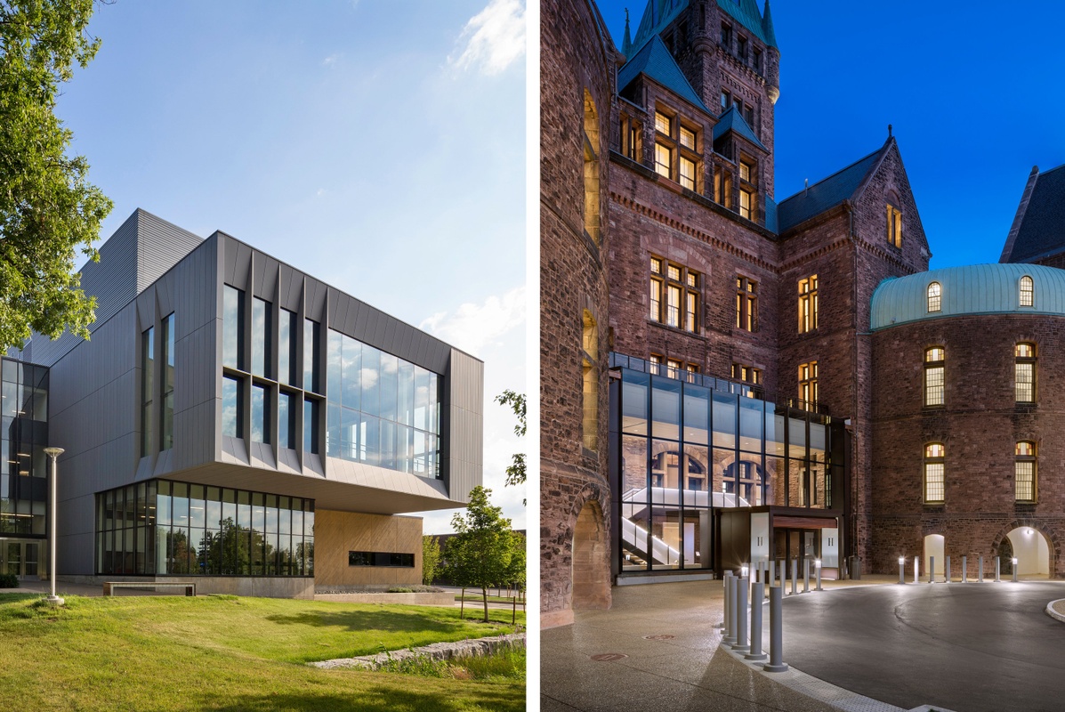 Side-by-side image pair of building exteriors of SUNY Fredonia and the Richardson Olmsted Campus projects.