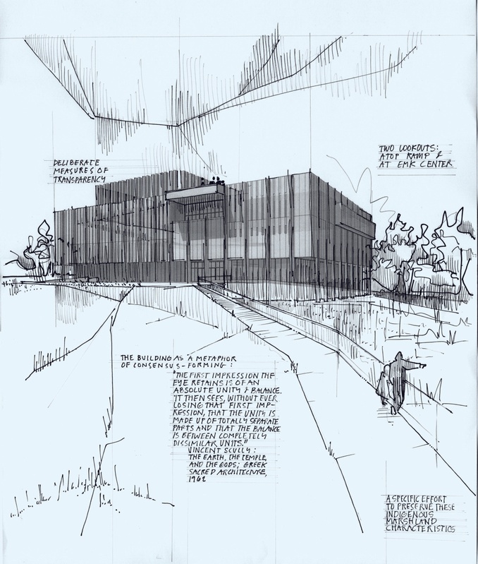 Conceptual sketch of building form with notes and graphic lines.